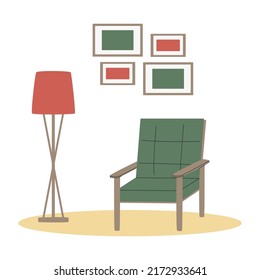 Scandinavian interior. Armchair with blanket and lamp. Cozy living room flat vector illustration. Trendy scandinavian hygge interior.