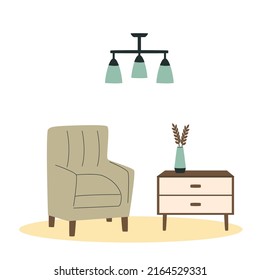 Scandinavian interior. Armchair and table. Cozy living room flat vector illustration. Trendy scandinavian hygge interior.