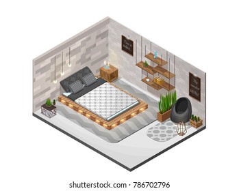 Scandinavian interior bedroom isometric infographic 3d cozy layout with pallet diy wooden furniture, shelf, terrarium lamp, cactus, bed with lights, inside room view