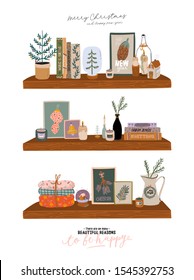 Scandinavian interior - bookshalf with home winter decorations. Cozy holiday season. Cute illustration and Christmas typography in Hygge style. Vector. Isolated.