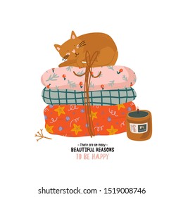 Scandinavian interior - cat cleep on the plaid. Cozy Winter holiday season. Cute illustration and Christmas typography in Hygge style. Vector. Isolated.