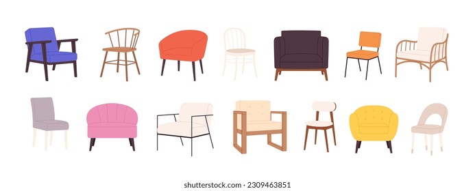 Scandinavian interior chairs and stool. Comfy chair for living room, cabinet, cartoon decor elements. Isolated armchair, racy furniture vector set