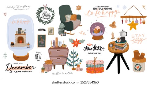 Scandinavian interior with December home decorations - wreath, cat, tree, gift, candles, table. Cozy Winter holiday season. Cute illustration and Christmas typography in Hygge style. Vector. Isolated.