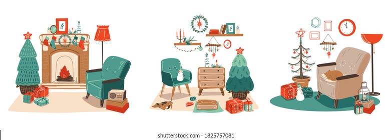 Scandinavian interior with December home decorations.tree, gift, candles.Cozy Winter holiday season.Cute illustration in Hygge style.Christmas decorated living room with fireplace,christmas tree