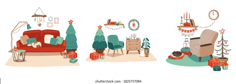 Scandinavian interior with December home decorations.tree, gift, candles.Cozy Winter holiday season.Cute illustration in Hygge style.Christmas decorated living room with fireplace,christmas tree