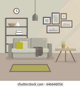 Scandinavian interior design flat illustration. Modern minimal room interior. Sofa with pillows, set of pictures on the wall, bed table with a flowerpot