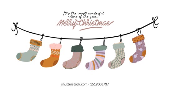 Scandinavian interior - hanging gift socks. Cozy Winter holiday season. Cute illustration and Christmas typography in Hygge style. Vector. Isolated.