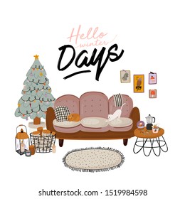 Scandinavian interior with home decorations - couch, tree, cat, firewood, gift, candles, table. Cozy Winter holiday season. Cute illustration and Christmas typography in Hygge style. Vector. Isolated.