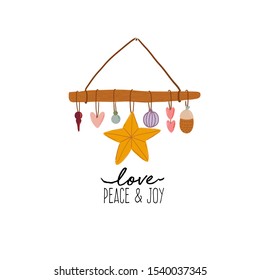 Scandinavian interior with home decorations - cute winter garland with colorful toys. Cozy holiday season. Cute illustration and Christmas typography in Hygge style. Vector. Isolated.