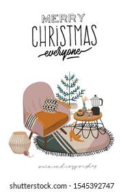 Scandinavian interior with home decorations - fir tree, cat, plaid, armchair, candles, table. Cozy Winter holiday season. Cute illustration and Christmas typography in Hygge style. Vector. Isolated.