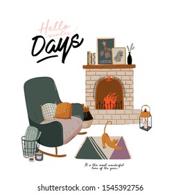 Scandinavian interior with home decorations - fireplace, cat, plaid, armchair, candles. Cozy Winter holiday season. Cute illustration and Christmas typography in Hygge style. Vector. Isolated.