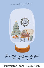 Scandinavian interior with home decorations in glass snow magic ball. Cozy Winter holiday season. Cute illustration and Christmas typography in Hygge style. Vector. Isolated.