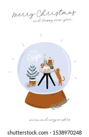 Scandinavian interior with home decorations in glass snow magic ball. Cozy Winter holiday season. Cute illustration and Christmas typography in Hygge style. Vector. Isolated.