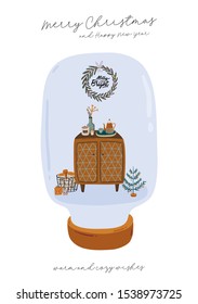 Scandinavian interior with home decorations in glass snow magic ball. Cozy Winter holiday season. Cute illustration and Christmas typography in Hygge style. Vector. Isolated.