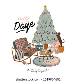 Scandinavian interior with home decorations - tree, cat, armchair, gift, candles, table. Cozy Winter holiday season. Cute illustration and Christmas typography in Hygge style. Vector. Isolated.