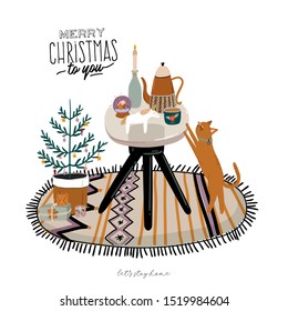 Scandinavian interior with home decorations - tree, cat, coffee table, tea, candles, gifts. Cozy Winter holiday season. Cute illustration and Christmas typography in Hygge style. Vector. Isolated.