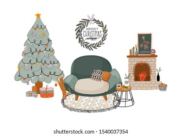 Scandinavian interior with home decorations - wreath, cat, sofa, tree, gift, fireplace, table. Cozy Winter holiday season. Cute illustration and Christmas typography in Hygge style. Vector. Isolated.