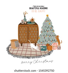 Scandinavian interior with home decorations - wreath, cat, plaid, gift, candles, table. Cozy Winter holiday season. Cute illustration and Christmas typography in Hygge style. Vector. Isolated.