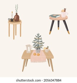 Scandinavian interior objects vector set. Cozy home during Christmas time. Hygge conceptual art.