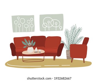 Scandinavian interior of retro living room. Cozy home apartment furnished in trendy scandic hygge style - red sofa, armchair, wall pictures, green houseplants . Flat hand drawn vector illustration