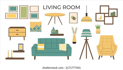 Scandinavian interior set. Cozy furniture: couch, armchair, shelf, table, lamp, decor. Living room furniture. Hygge style interior. Flat vector illustration.