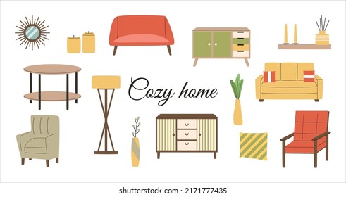 Scandinavian interior set. Cozy furniture: couch, armchair, shelf, table, lamp, decor. Living room furniture. Hygge style interior. Flat vector illustration.