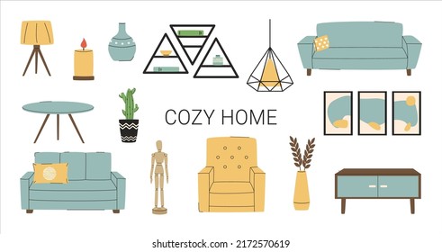 Scandinavian interior set. Cozy furniture: couch, armchair, shelf, table, lamp, decor. Living room furniture. Hygge style interior. Flat vector illustration.