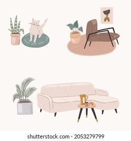 Scandinavian interior vector illustration. Cozy home drawing. Hygge conceptual art.