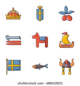 Scandinavian items icons set. Cartoon set of 9 scandinavian items vector icons for web isolated on white background