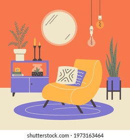 Scandinavian or japandi style home decor. Cozy interior design of modern apartment with houseplants, armchair, sideboard, round mirror. Boho pillows, candles. Living room furniture vector illustration