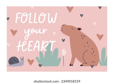 Scandinavian kids card design. Cute capybara, snail in nature, motivation postcard background in Scandi style. Adorable sweet animals and phrase. Childish flat vector illustration with text quote