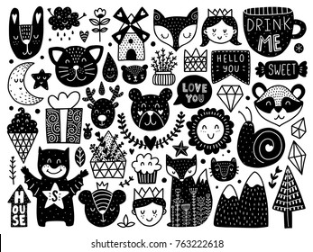 Scandinavian Kids Doodles elements. Monochrome vector items. Illustration with new year decor. Design for prints and cards.