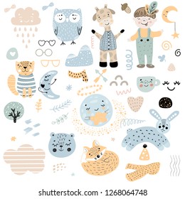 Scandinavian kids doodles elements pattern set color wild animal hand drawn boy; cloud; caharcters; moon; fox; cat; owl; giraffe, glasses, rabbit; bear; cup; yellow white black blue pink brown