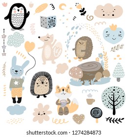 Scandinavian kids doodles elements pattern set of cute color wild animal and characters: penguin, hedgehog, fox, hare, rabbit, flower, mushroom, tree, stump, heart, cloud hand drawn.