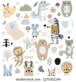 Scandinavian kids doodles elements pattern set of cute color wild animal and characters: zebra, bear, deer, squirrel, cat, rabbit, hare, crocodile, mouse, tree, mountains, lion hand drawn.