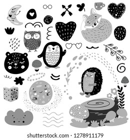 Scandinavian kids doodles elements pattern black and white monochrome set, wild hand drawn animals moon, bear, hedgehog, penguin, cloud, mushroom, owl, heart, fox, fairytale book. Cute for kids.