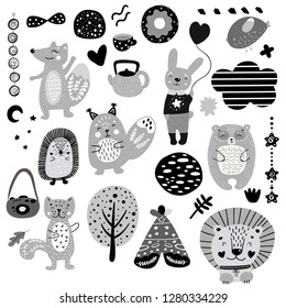 Scandinavian kids doodles elements pattern black and white monochrome set, wild hand drawn animals fox, cat, rabbit, bear, hare, lion, cloud, face, tree, cake. Cute for kids. Vector illustration.