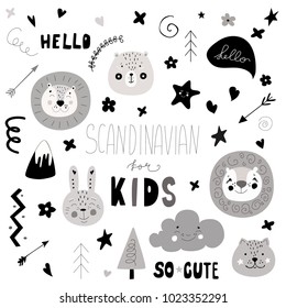 Scandinavian kids doodles elements set monochrome wild animal hand drawn lion face