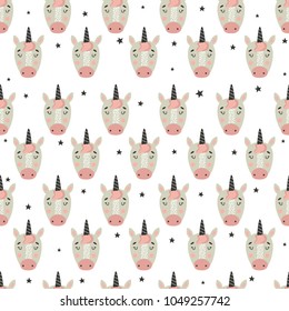 Scandinavian kids doodles pattern. Hand drawn unicorns faces