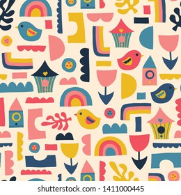 Scandinavian kids pattern birds rainbows and shapes. Seamless vector background.