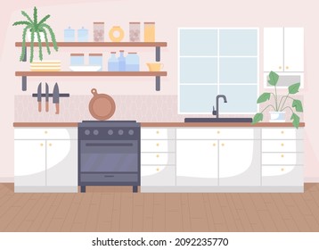 Scandinavian kitchen flat color vector illustration. Counters with appliance. Danish household in comfortable apartment. Nordic style 2D cartoon interior with furnishing on background