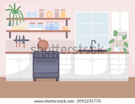 Scandinavian kitchen flat color vector illustration. Counters with appliance. Danish household in comfortable apartment. Nordic style 2D cartoon interior with furnishing on background