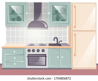 Scandinavian kitchen room interior with dinning furniture . Charming and luxury  room in green colour 