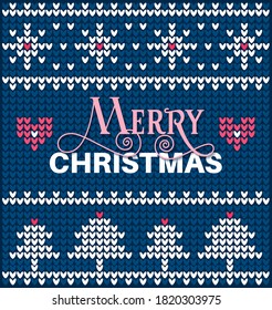 Scandinavian knitted pattern with lettering typography Merry Christmas, snowflakes, hearts, trees. Vector illustration. Winter holiday postcard, paper, packaging, present box, print for seasonal goods