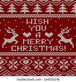 Scandinavian knitted seamless pattern with deers and text wish you a Merry Christmas