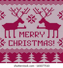 Scandinavian knitted seamless pattern with deers and text Merry Christmas