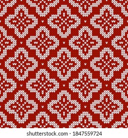 Scandinavian knitted seamless pattern. Norwegian native style sweater with snowflakes. Wool texture. Winter holiday background. Vector illustration.