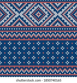 Scandinavian knitted seamless pattern. Norwegian native style sweater, ornament with snowflakes. Fair Isle design. Wool texture. Winter holiday background. Vector illustration.
