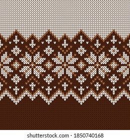 Scandinavian knitted seamless pattern. Norwegian native style sweater, ornament with snowflakes. Fair Isle design. Wool texture. Winter holiday background. Vector illustration.