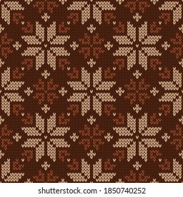 Scandinavian knitted seamless pattern. Norwegian native style sweater. Wool texture. Winter holiday background. Vector illustration with snowflakes.
